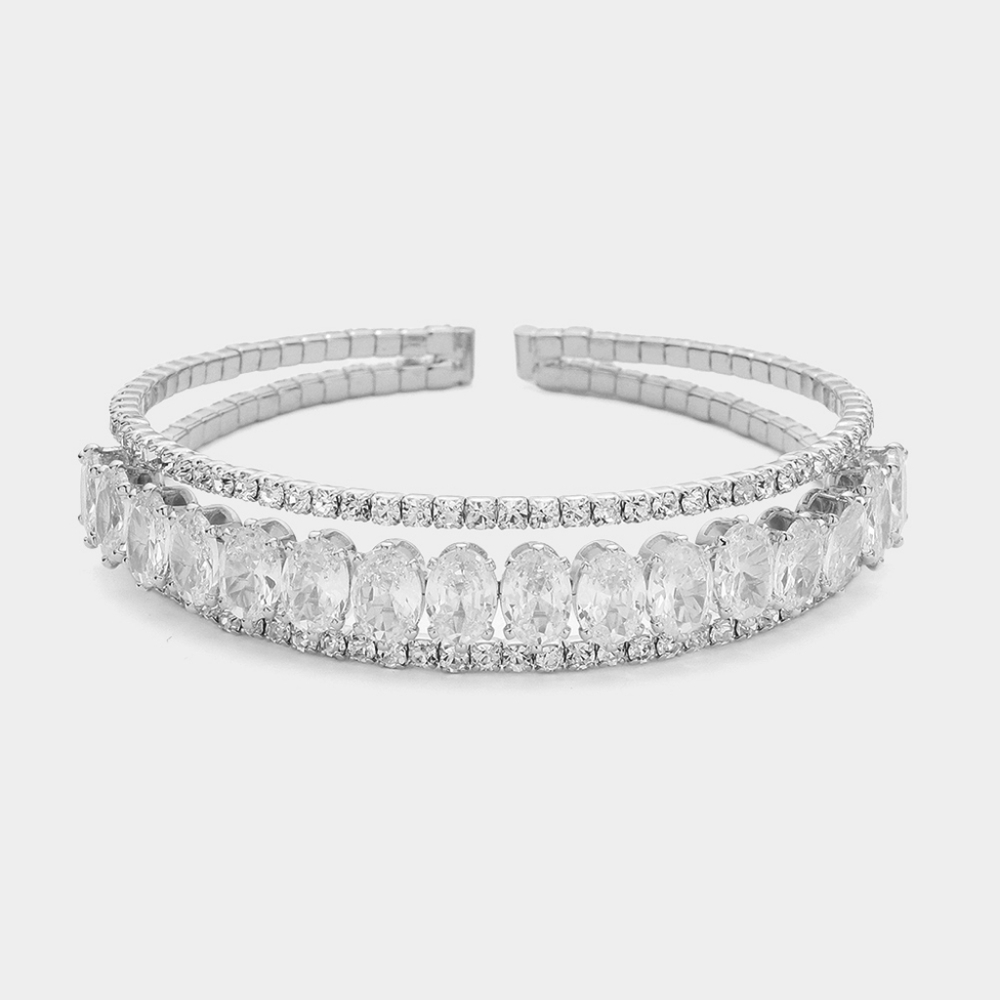 Silver Crystal Rhinestone CZ Oval Stone Style Bling Evening Cuff Bracelet